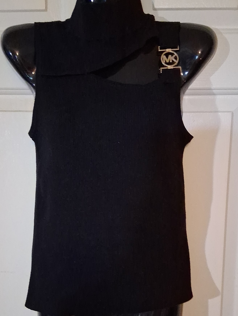 Michael Kors Black Ribbed Asymmetric One-Shoulder Tank with MK Hardware